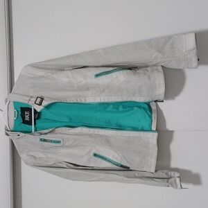 BKE Outerwear Pleather Jacket with fun texture, Teal and Pale Gray